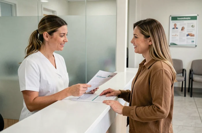 Conseillère de santé en train d'expliquer les démarches de contact à une patiente à l'accueil d'une clinique Virages Santé