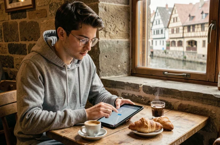 Jeune personne créant une adresse mail sur une tablette dans un café de la Petite France à Strasbourg