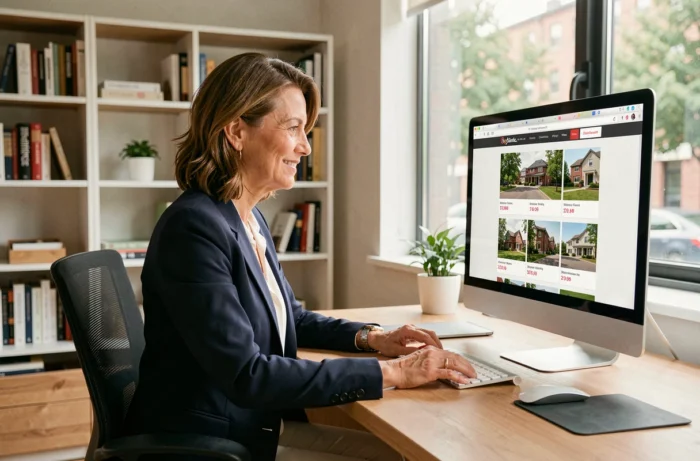 Femme utilisant une agence immobilière en ligne depuis son bureau à domicile
