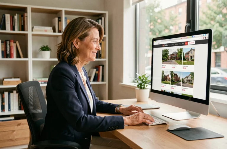 Femme utilisant une agence immobilière en ligne depuis son bureau à domicile