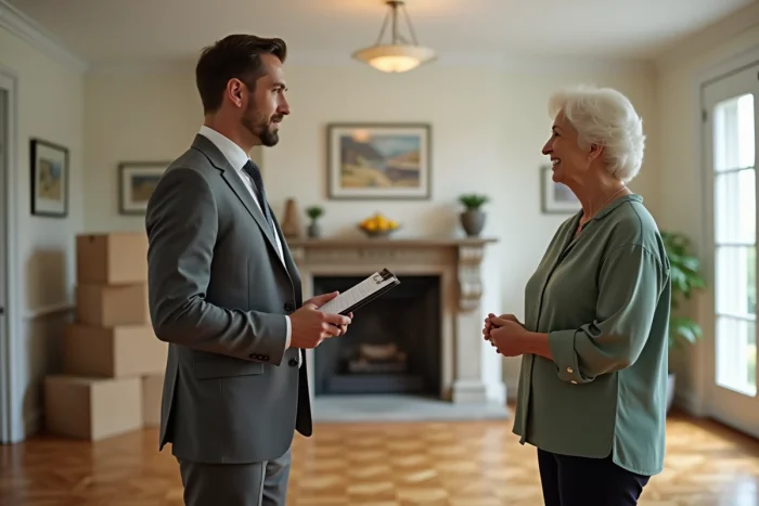 Agent immobilier conseillant une femme âgée dans le salon d'une maison mise en vente avant 80 ans