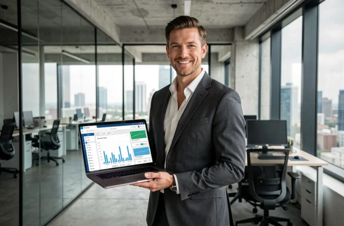 Agent immobilier numérique présentant un tableau de bord de valorisation en ligne dans un espace de coworking