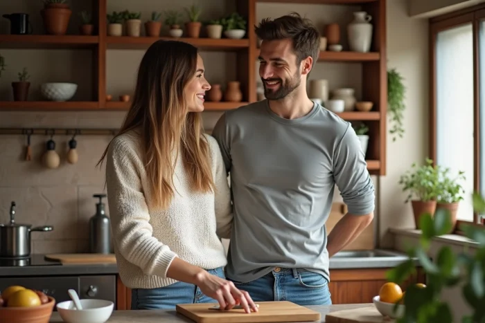 Couple complice cuisinant ensemble dans un appartement cosy, ambiance intime et quotidienne