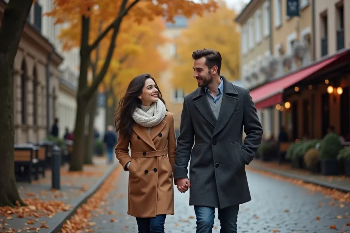 Couple marchant main dans la main sur une rue pavée en automne, vêtus de manteaux élégants parmi les feuilles dorées