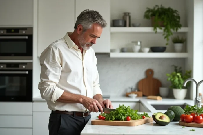 Homme préparant une salade fraîche et équilibrée dans une cuisine moderne pour une alimentation saine