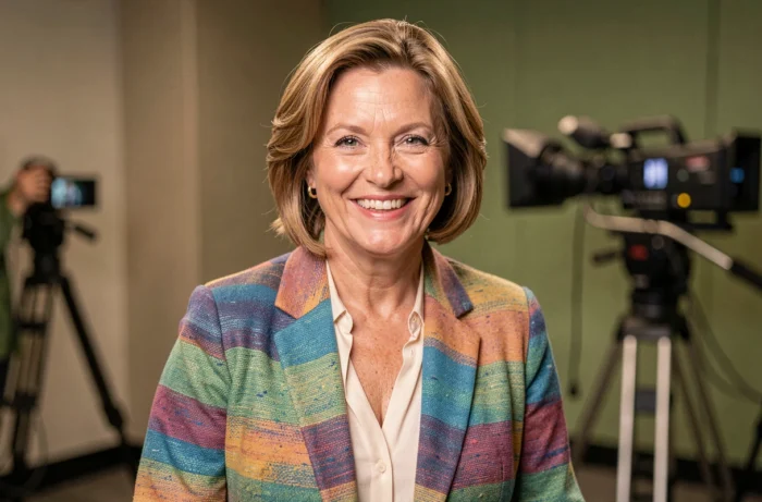 Animatrice de télévision souriante dans les coulisses d'un studio, évoquant l'univers de Dorothée et la culture télévisuelle française des années 80-90