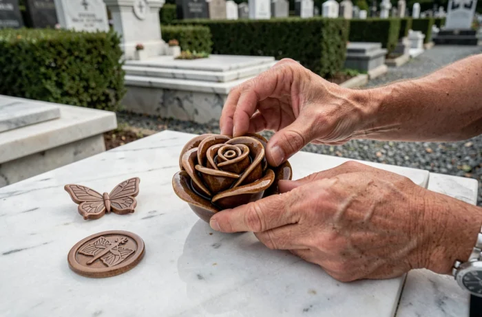 Artisan posant un ornement funéraire en céramique émaillée en forme de rose sur une tombe en marbre avec d'autres décors uniques faits main
