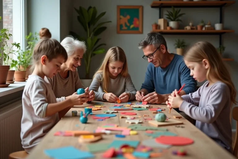 Groupe d'enfants et adultes créant des objets artisanaux en intérieur