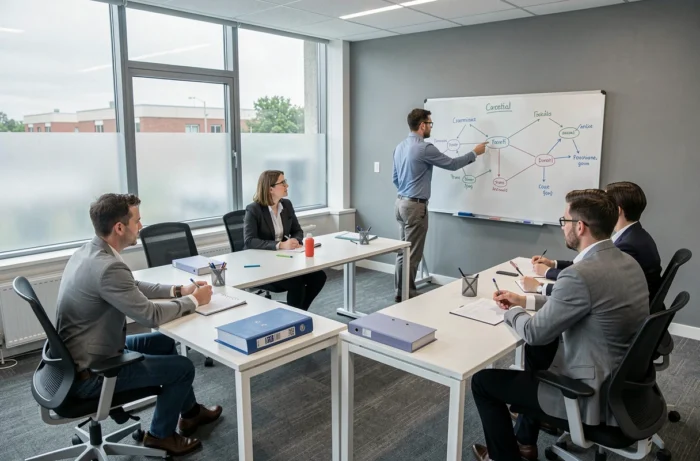 Groupe de professionnels participant à un atelier de formation en agence d'emploi dans une salle moderne