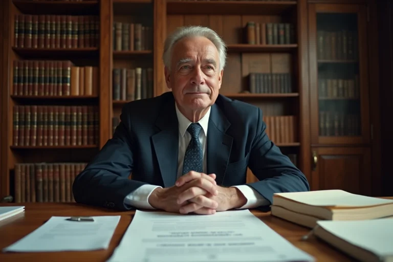Avocat senior consultant un certificat de coutume dans un bureau juridique traditionnel entouré de livres de droit