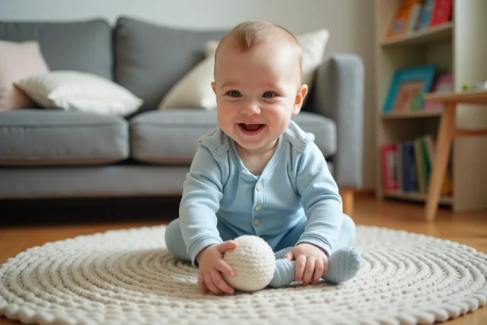 Bebe souriant en bleu dans un salon chaleureux