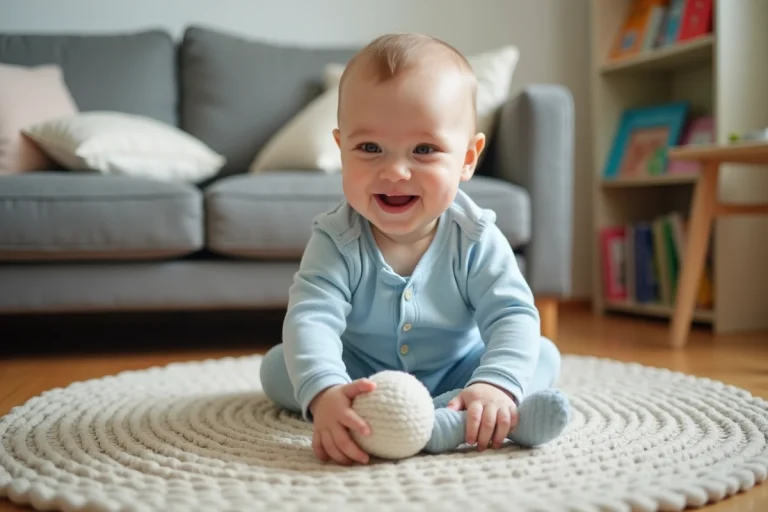 Bebe souriant en bleu dans un salon chaleureux