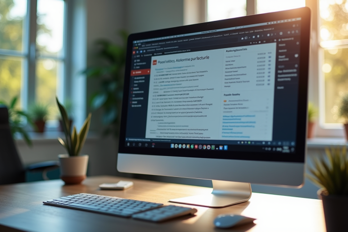 Bureau moderne avec ordinateur affichant sites de torrents