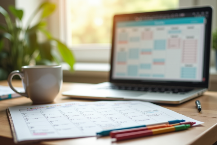 Espace de travail organisé avec calendrier et ordinateur