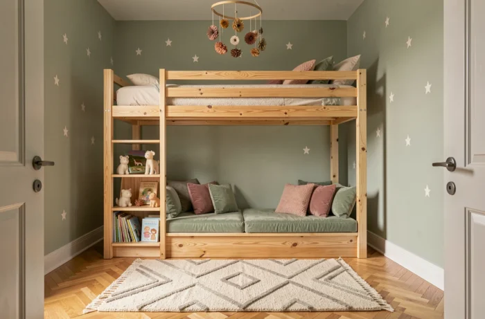 Chambre d'enfant décorée avec un lit mezzanine en bois naturel, un coin lecture cosy et des accessoires artisanaux colorés