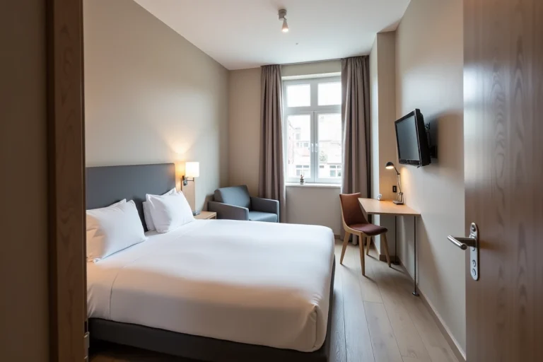 Chambre double moderne et épurée d'un hôtel Etap à Strasbourg, avec lit blanc, bureau en bois et fenêtre donnant sur la ville
