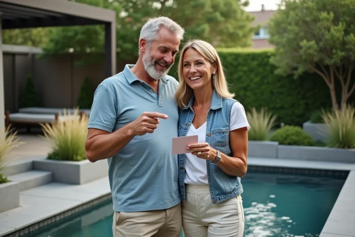 Couple choisissant la couleur de coque piscine anthracite dans un jardin contemporain aménagé