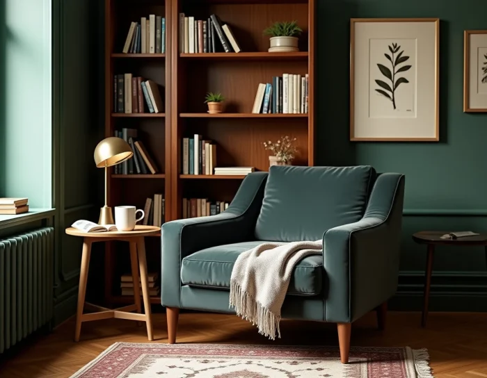 Coin lecture cosy avec fauteuil en velours anthracite, bibliothèque en noyer et accessoires décoratifs dans un bureau à domicile chaleureux