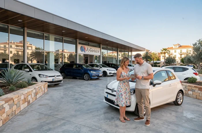 Vue extérieure d'une concession automobile moderne à Nice avec couple consultant un catalogue de voitures neuves et d'occasion
