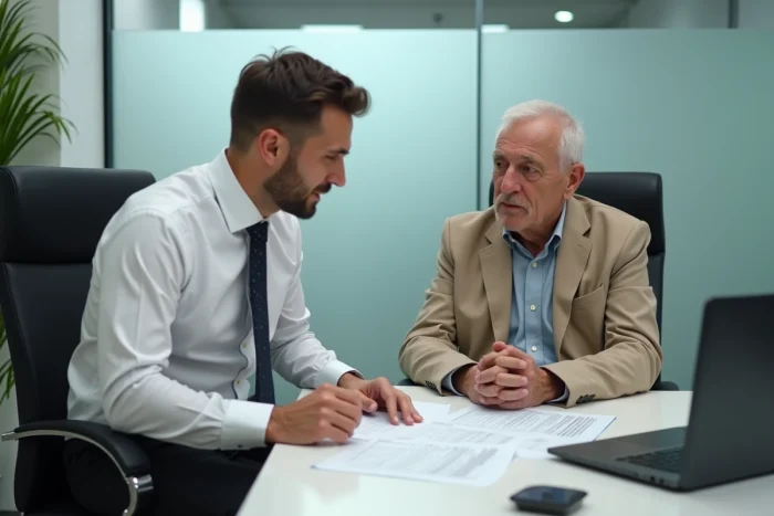 Conseiller bancaire expliquant les règles de l'ASPA et du compte courant à un client âgé dans une agence bancaire