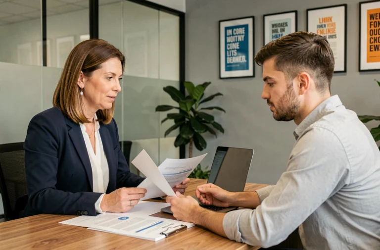 Conseillère d'agence employeur aidant un candidat à analyser des offres d'emploi dans un bureau professionnel moderne
