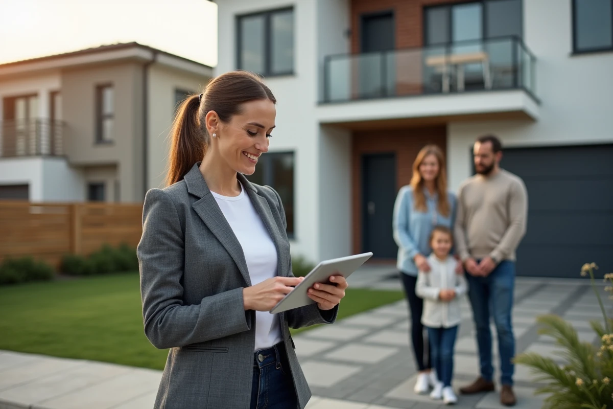 Consultante en renovation devant une maison moderne avec famille