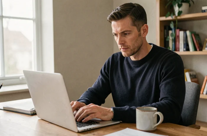Homme utilisant un ordinateur portable pour contacter Virages Santé via un formulaire en ligne depuis son bureau à domicile