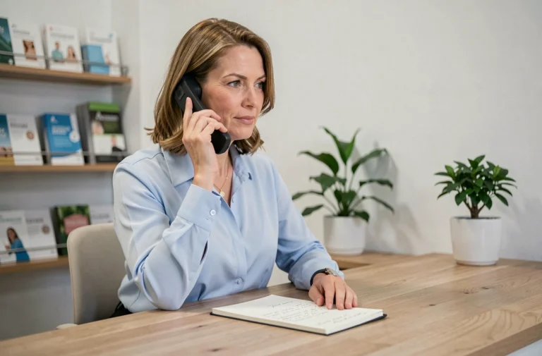 Réceptionniste d'un centre de santé répondant au téléphone pour renseigner un patient sur les services de Virages Santé