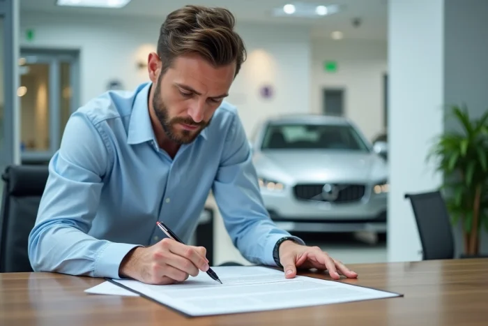 Un homme examine attentivement un contrat d'achat de voiture dans un bureau de concessionnaire automobile moderne