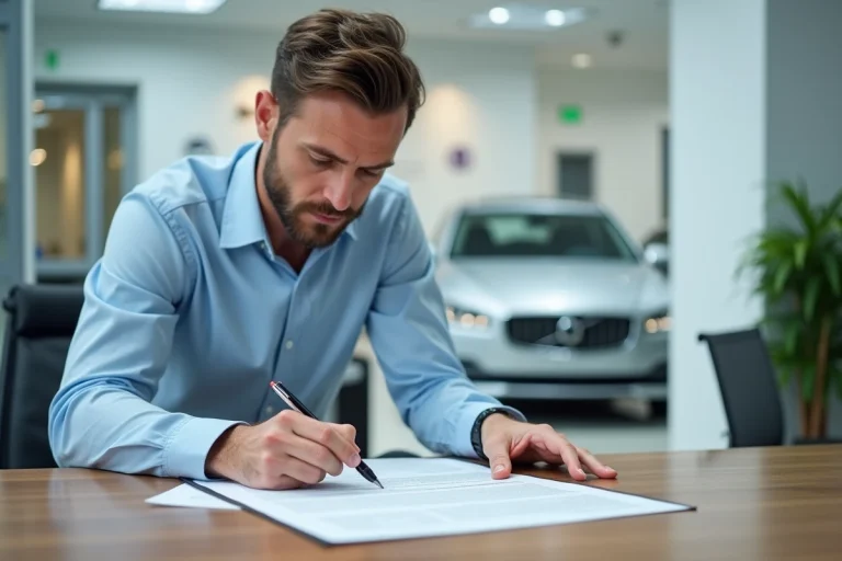 Un homme examine attentivement un contrat d'achat de voiture dans un bureau de concessionnaire automobile moderne