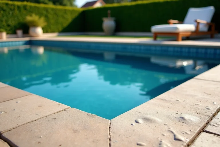 Piscine coque bleu océan dans un jardin moderne avec dallage en pierre et chaise longue en bois