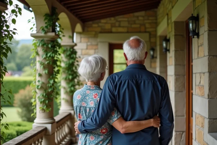 Couple de personnes âgées devant leur maison en pierre française, réfléchissant à la vente de leur bien immobilier
