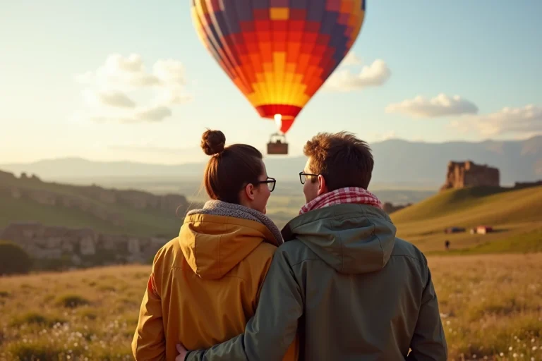Jeune couple regardant un ballon à Dougga