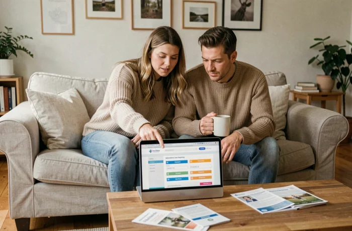 Couple comparant les offres de mutuelle 403 sur un ordinateur portable dans leur salon, processus de souscription en famille