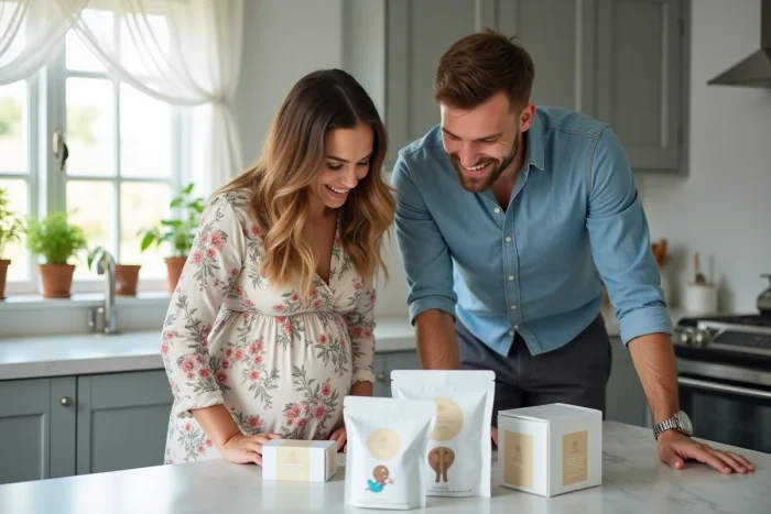 Couple de futurs parents explorant les produits d'un coffret grossesse gratuit sur leur table de cuisine