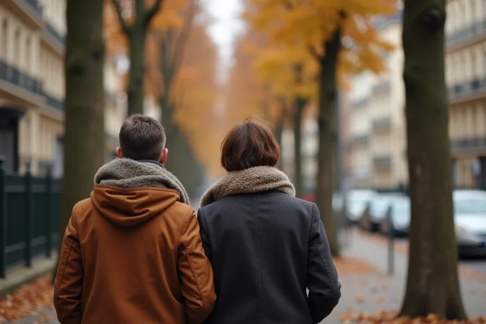 Couple se promenant discrètement dans une avenue parisienne en automne, illustrant la vie de couple dans le respect de l'intimité