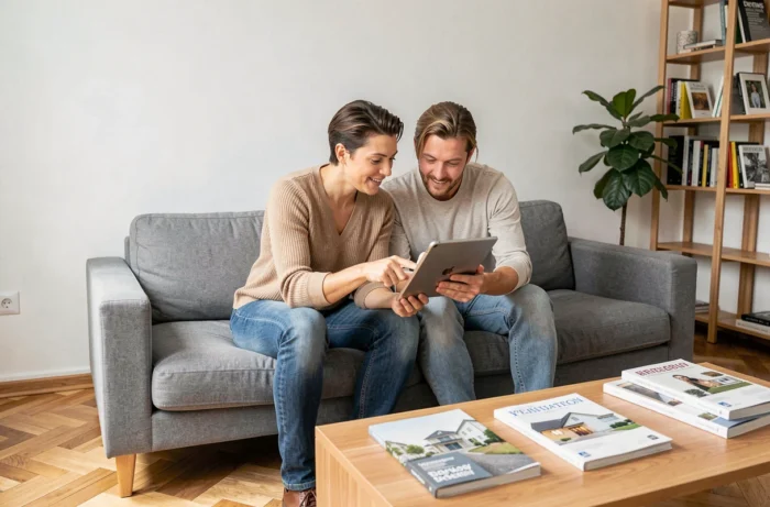 Couple consultant des annonces immobilières sur une tablette dans leur appartement