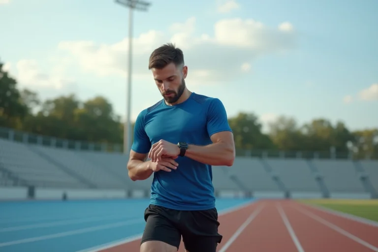 Coureur homme en action sur piste avec montre sportive