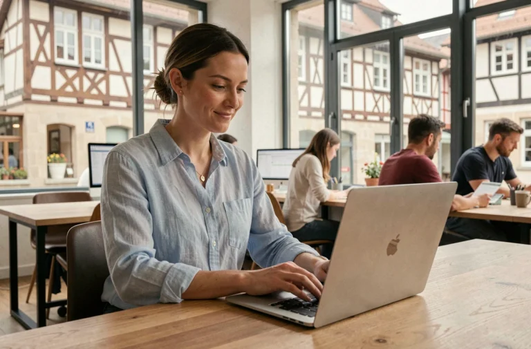 Femme créant une adresse mail sur un ordinateur portable dans un espace de coworking à Strasbourg avec façades alsaciennes en arrière-plan