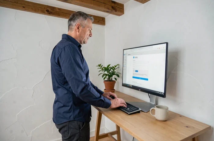 Homme configurant une adresse email depuis un bureau à domicile avec décoration intérieure alsacienne à Strasbourg