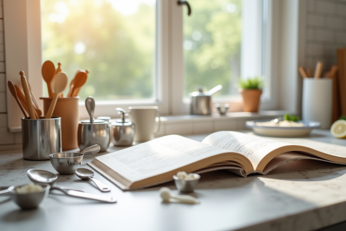 Plan de travail lumineux avec ustensiles de cuisine et livres de recettes
