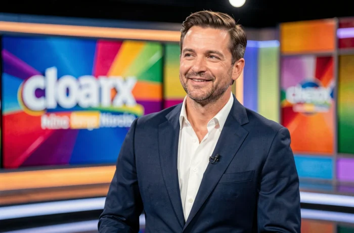Présentateur de jeux télévisés Cyril Féraud en studio de tournage, souriant face aux rumeurs des internautes sur ses origines familiales