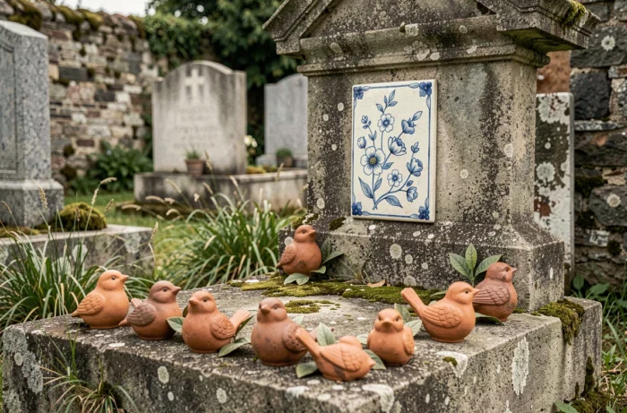 Décoration funéraire originale avec plaque en céramique peinte à la main et figurines en terre cuite sur une tombe en granit dans un cimetière rural français