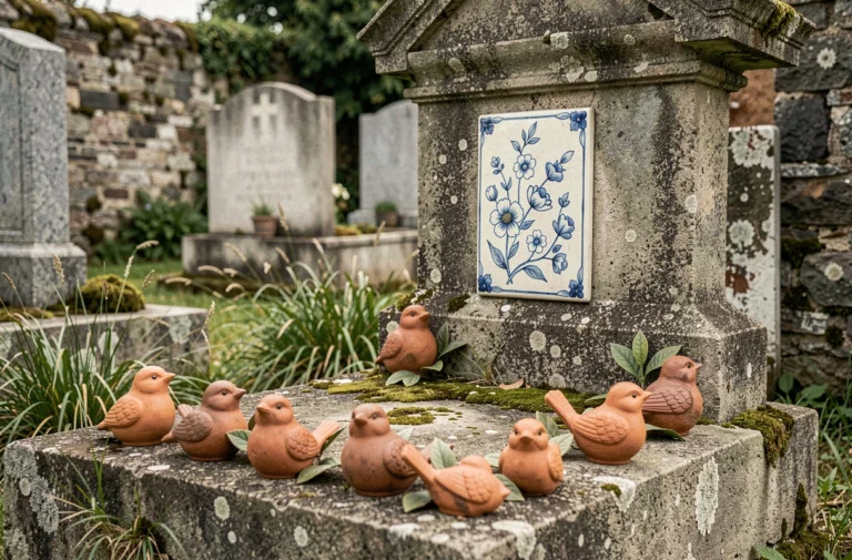 Décoration funéraire originale avec plaque en céramique peinte à la main et figurines en terre cuite sur une tombe en granit dans un cimetière rural français