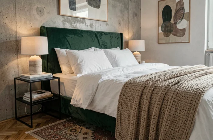 Chambre à coucher tendance avec tête de lit en velours vert forêt, literie en coton blanc et table de nuit en métal noir sur parquet et tapis marocain vintage