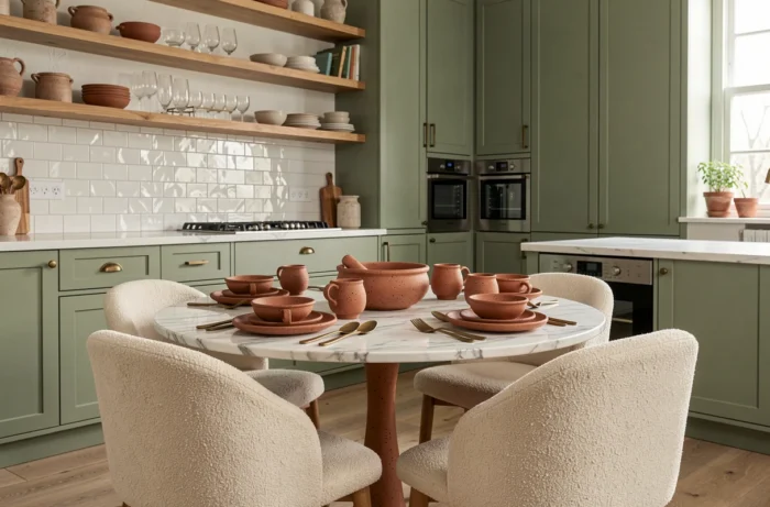 Cuisine et coin repas contemporains avec table en marbre, chaises en bouclé ivoire, vaisselle artisanale en céramique et armoires vert sauge avec quincaillerie en laiton