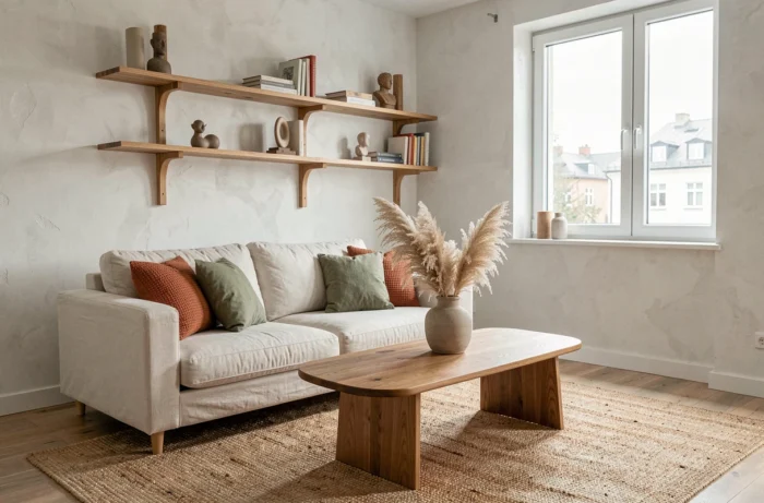 Salon moderne de style scandinave avec canapé en lin crème, coussins terracotta, table basse en chêne et vase en céramique avec herbes de pampa séchées