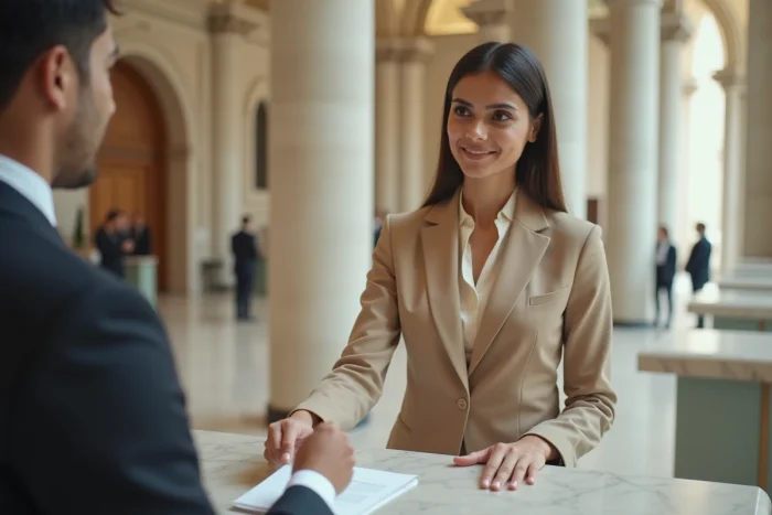 Femme déposant un document officiel au greffe d'un tribunal dans un palais de justice européen