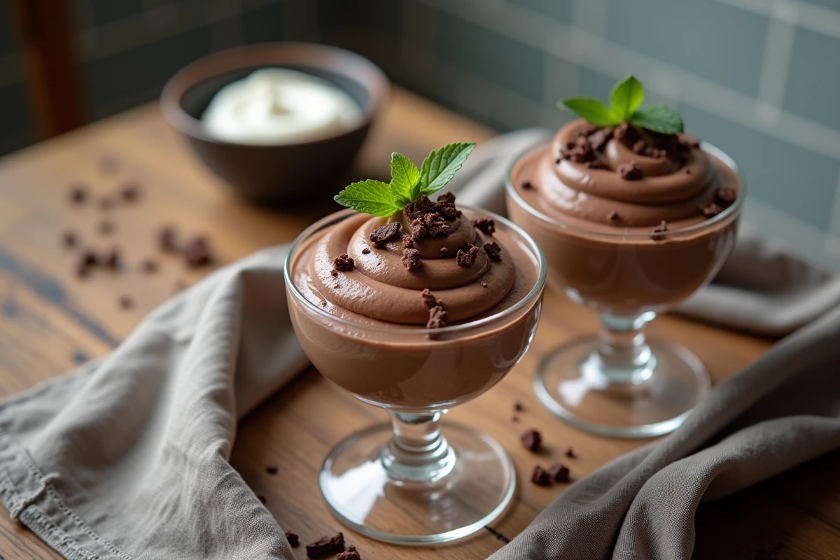 Gros plan sur des coupes de mousse au chocolat décorées