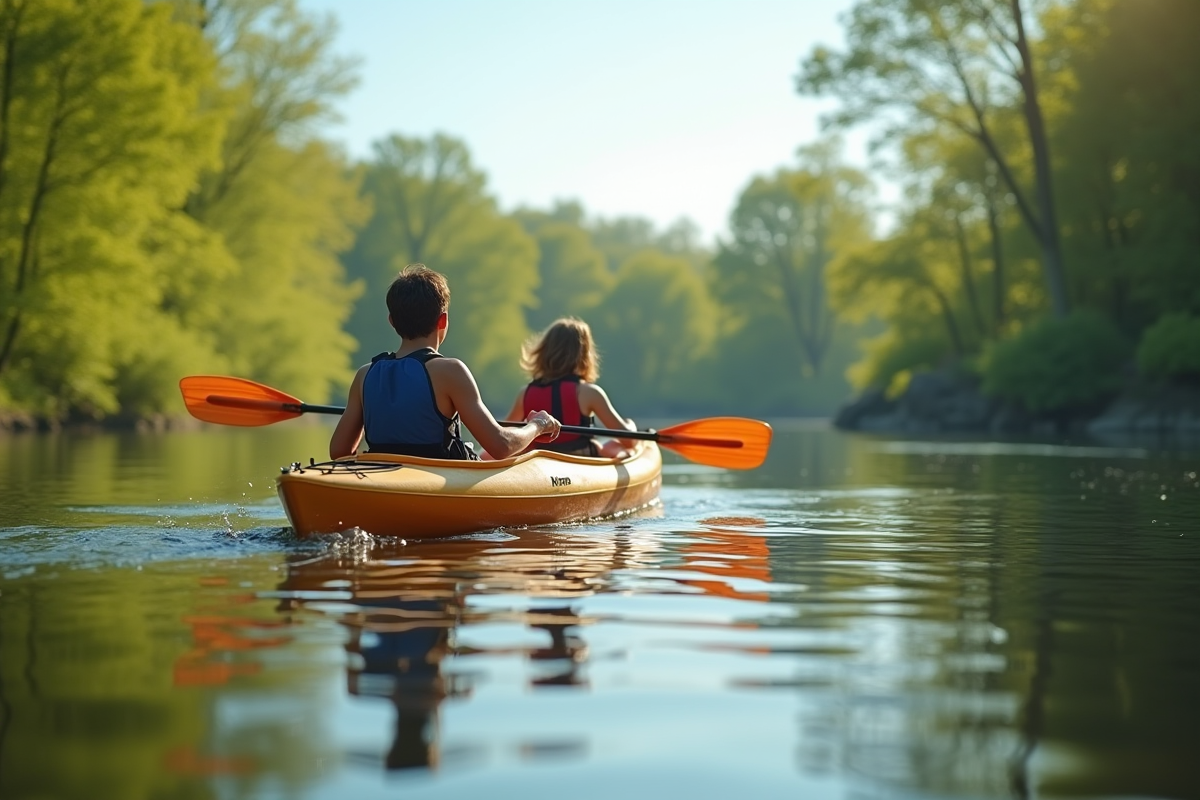Enfant et parent faisant du kayak sur un lac paisible